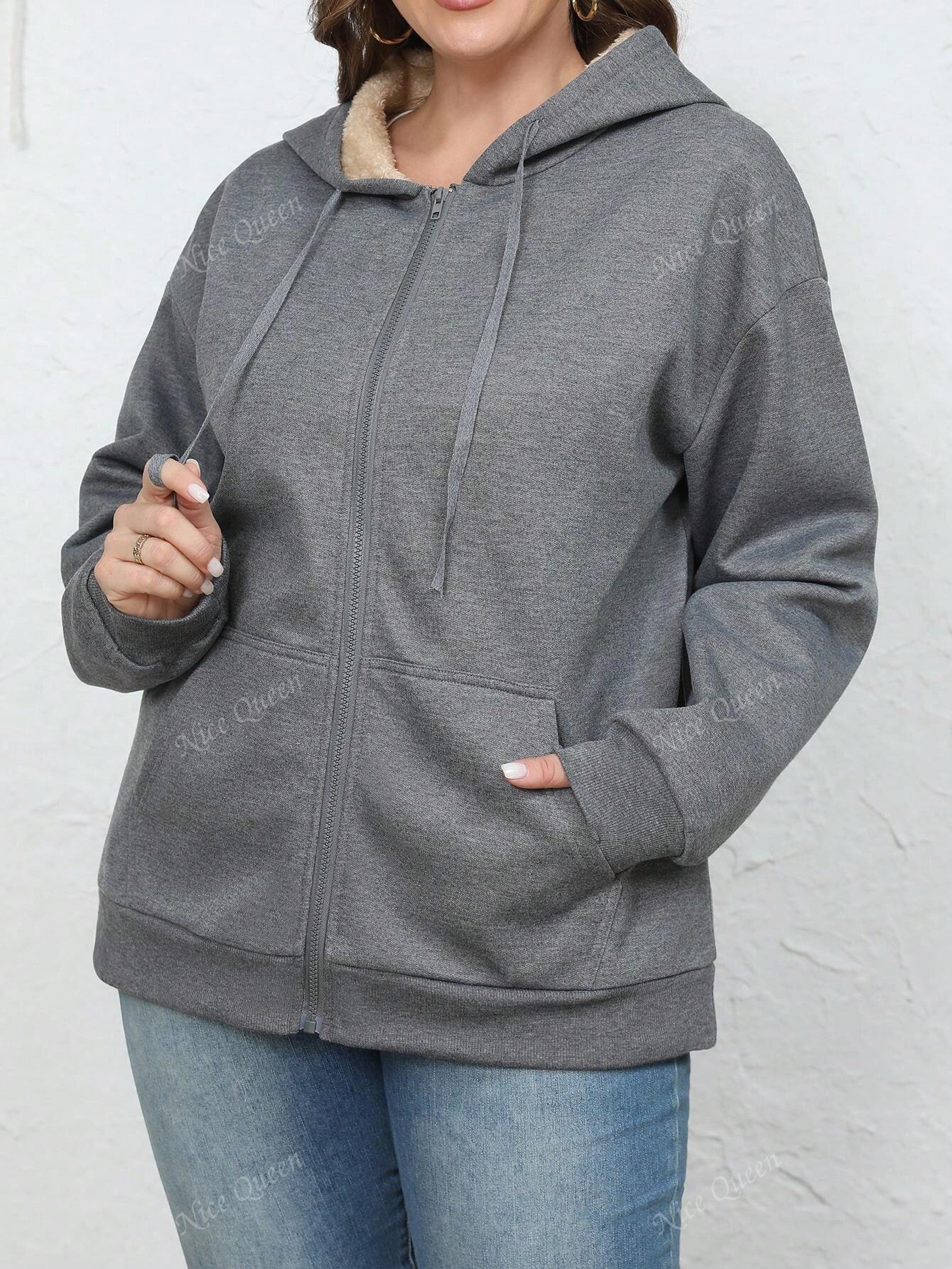 Women's Winter Warm Plus Fleece Thick Pocket Hooded Sportswear Jacket