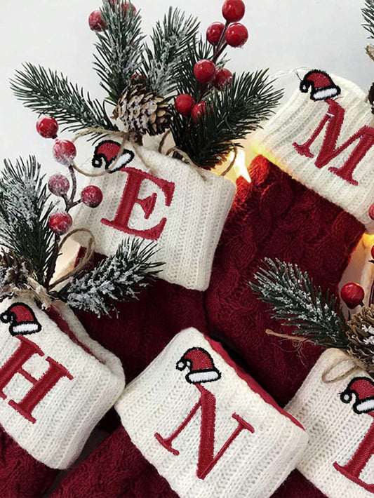 1Pc Embroidered Christmas Stockings,Knitted Alphabet A~Z Christmas Socks,Merry Christmas Hat Letter A~Z Knitted Socks,Christmas Tree Ornament,Home Decor,Christmas Decoration,Xmas Party Decor Party Supplies,2025 New Year Decor,Christmas