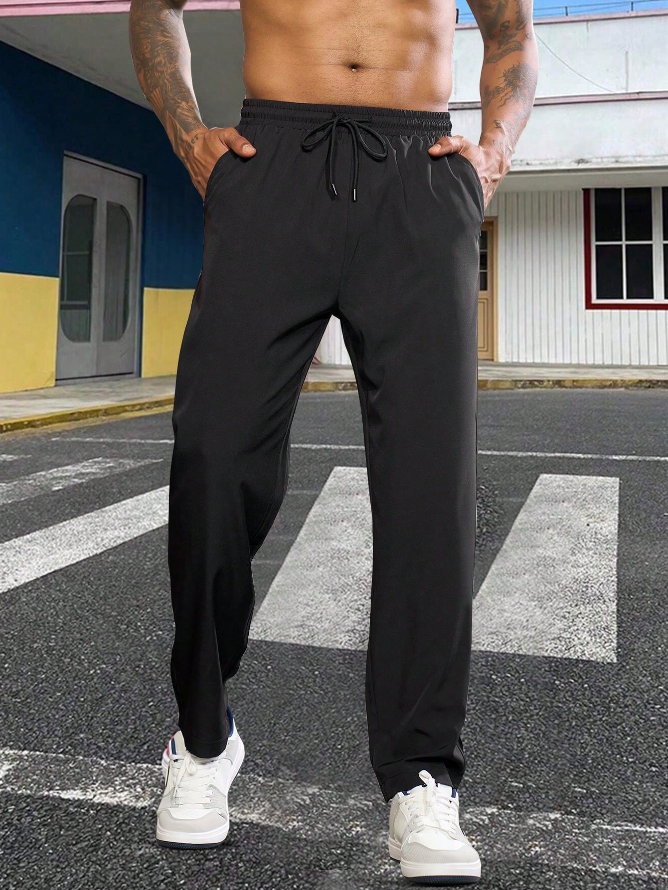 Men's Solid Color Drawstring Pocket Print Straight Leg Pants, Streetwear Slim Fit Casual Trousers, Comfortable And Fashionable Bottoms For Daily Wear