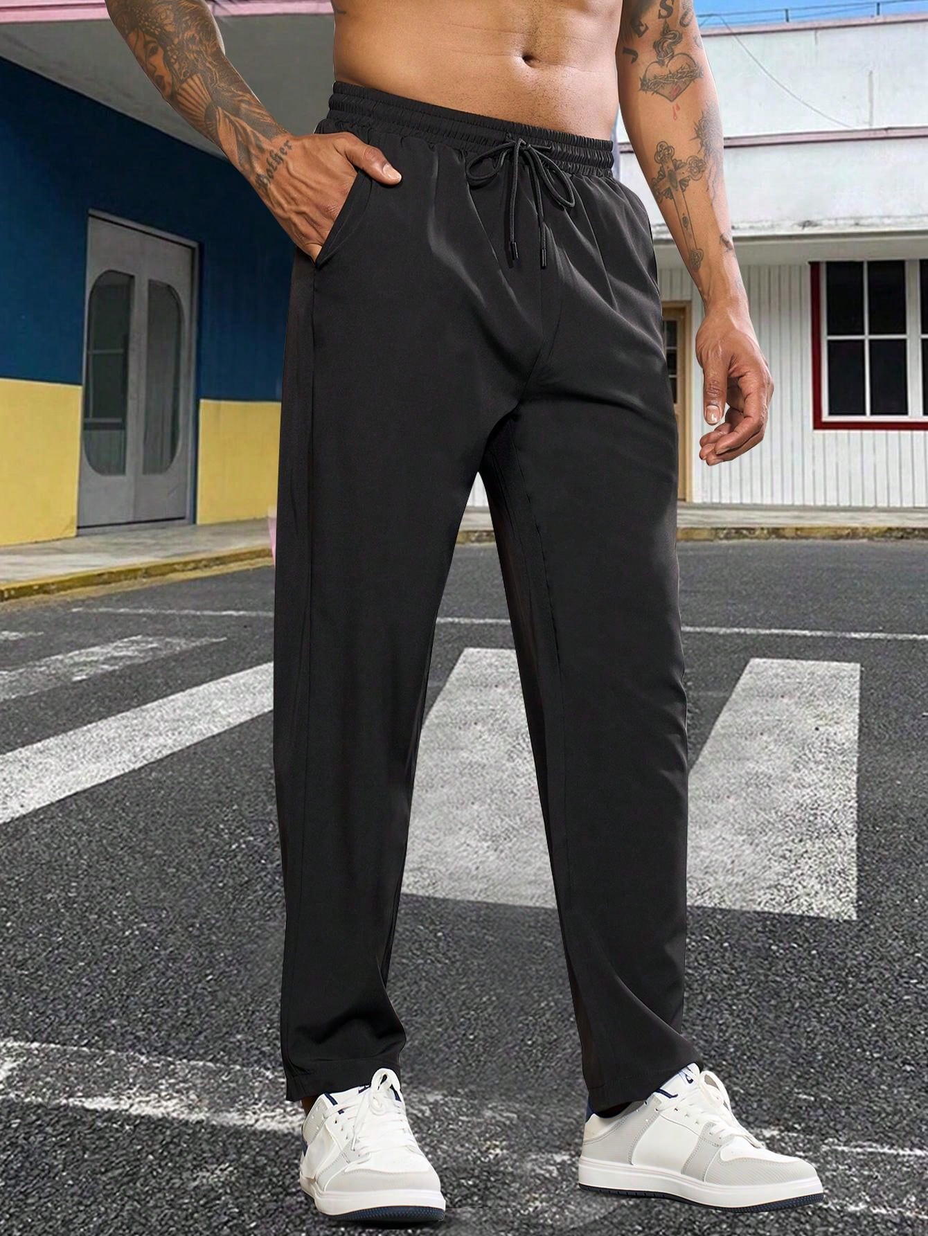 Men's Solid Color Drawstring Pocket Print Straight Leg Pants, Streetwear Slim Fit Casual Trousers, Comfortable And Fashionable Bottoms For Daily Wear