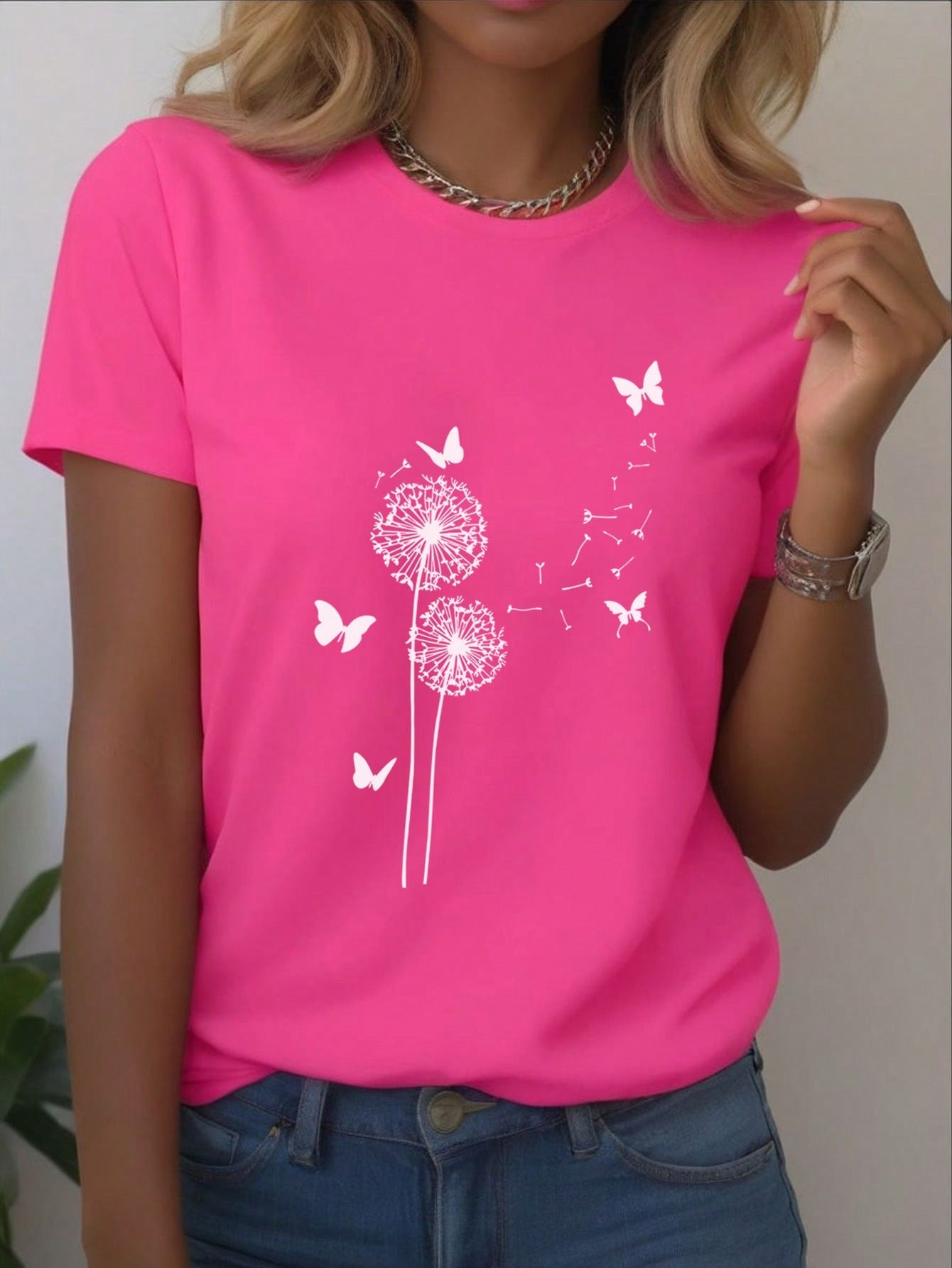 EMERY ROSE Dandelion Butterfly Pattern Short Sleeve Round Neck T-Shirt Casual Graphic Tees Women Tops