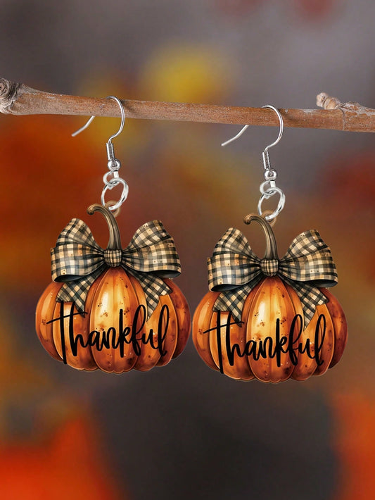 Vintage Acrylic Thankful Pumpkin Bow Pendant Earrings, Thanksgiving Party Jewelry Gifts For Women