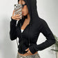 Solid Color Fitted Hoodie With Zipper And Long Sleeves