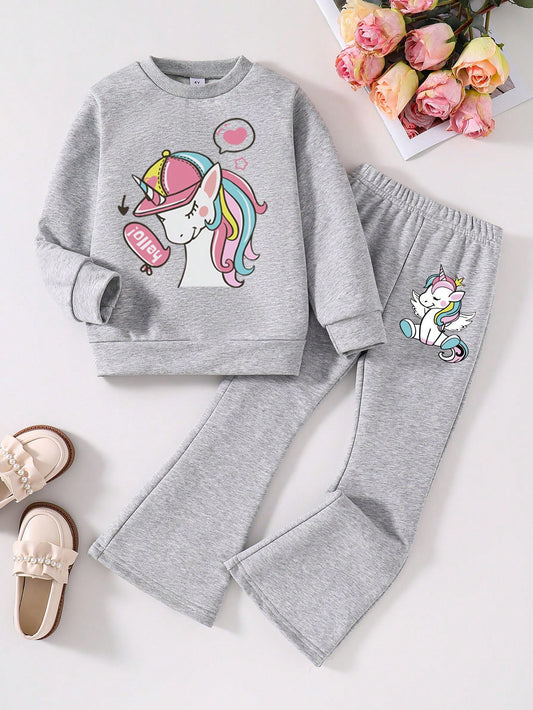 Young Girl Unicorn Print Crew Neck Sweatshirt And Flare Pants Set