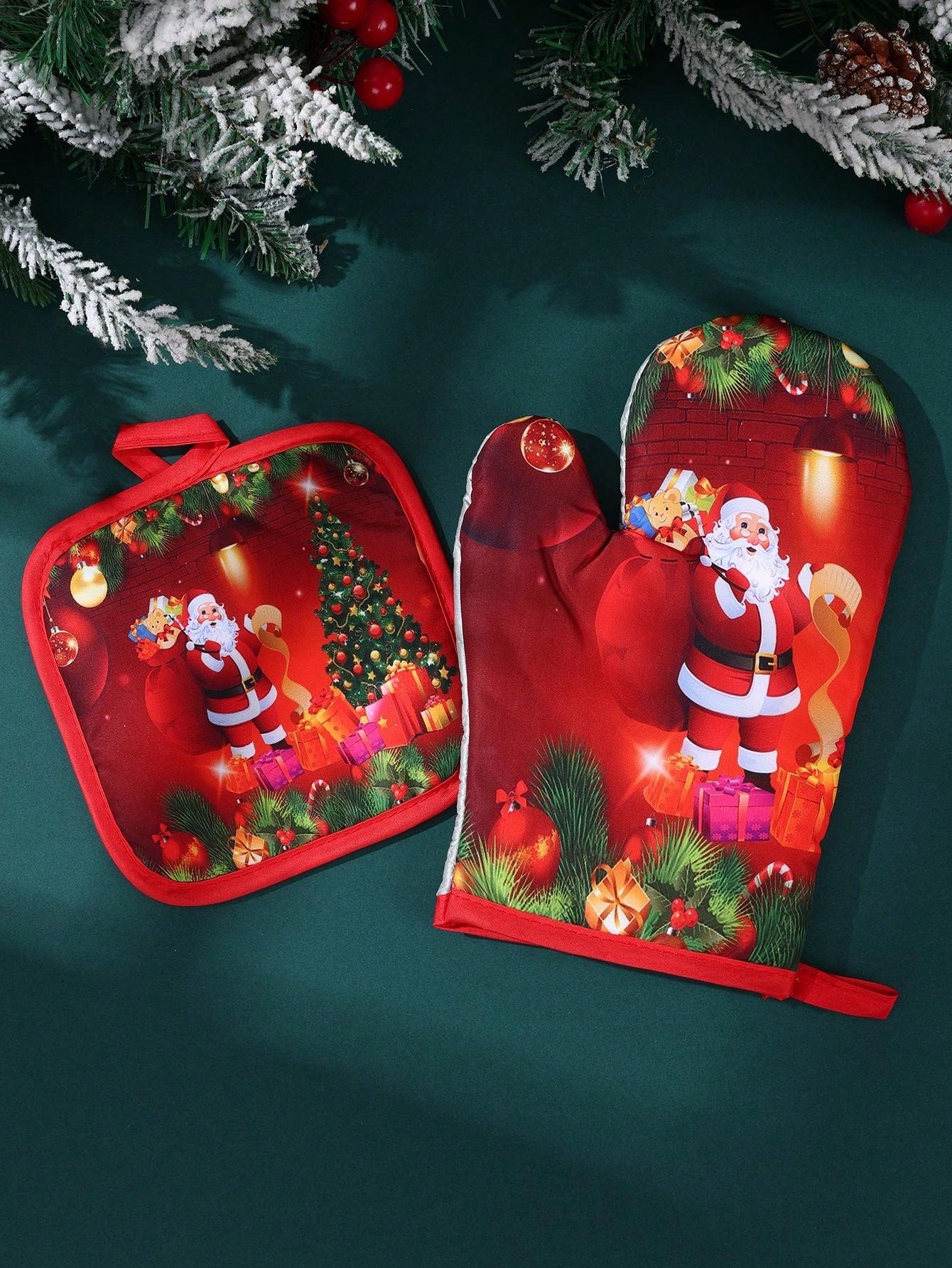 2Pcs Christmas Heat Insulation Oven Gloves,Santa Claus Snowman Pattern,Christmas Decorations,Kitchen Essentials, Baking Tools,Holiday Cooking And Baking Supplies,Xmas Party Decor,Merry Christmas,2025 New Year Decor