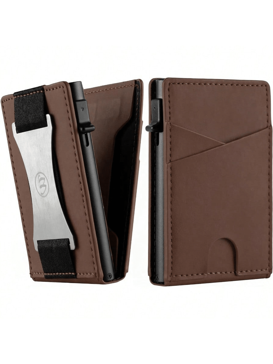 Minimalist Slim Wallet For Men - Mens Wallets Leather With POP UP Card Holder Wallet Fits Front Pocket, RFID Blocking Bifold Men`S Wallets With Metal Money Clip And Box (Dark Brown)