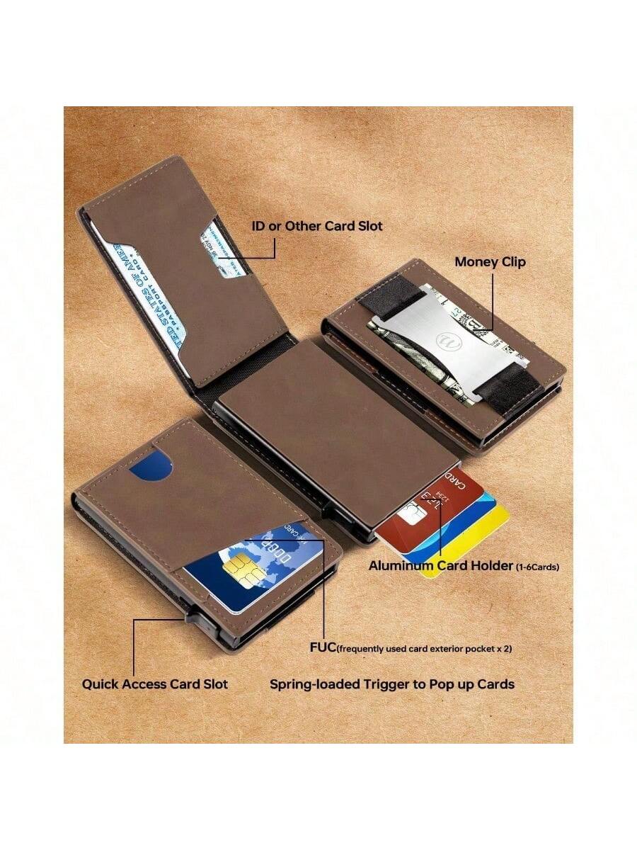 Minimalist Slim Wallet For Men - Mens Wallets Leather With POP UP Card Holder Wallet Fits Front Pocket, RFID Blocking Bifold Men`S Wallets With Metal Money Clip And Box (Dark Brown)