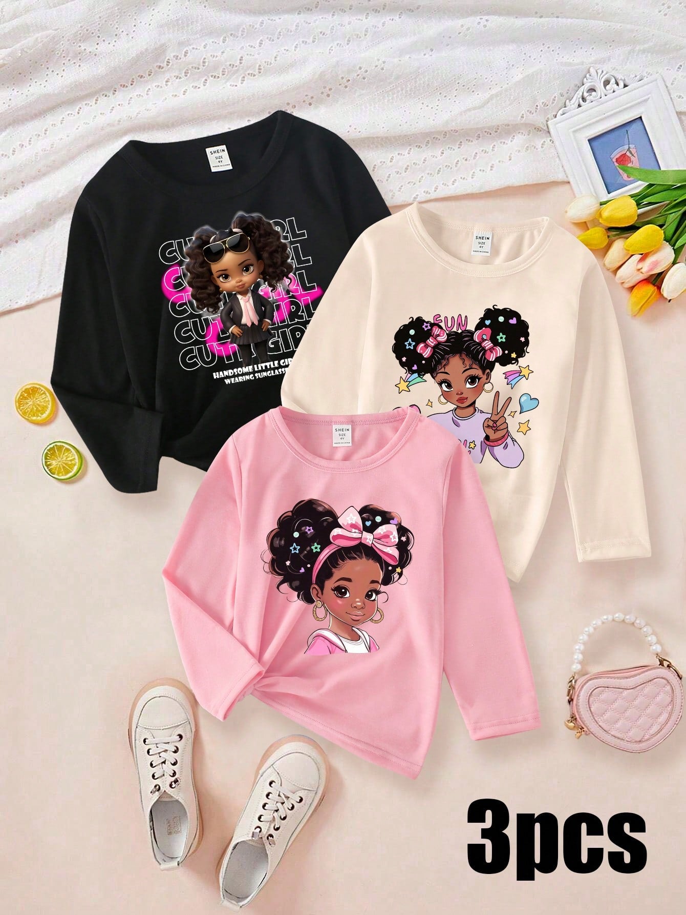 3pcs/Set Young Girl Casual African American Girl Portrait Graphic Long Sleeve T-Shirts, Back To School