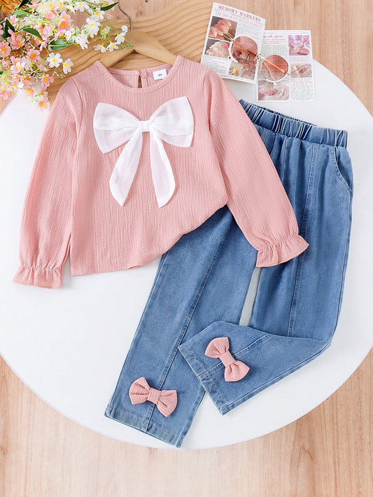 Young Girl 2pcs Fashionable Long Sleeve Bowknot Top And Denim Pants Set