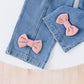 Young Girl 2pcs Fashionable Long Sleeve Bowknot Top And Denim Pants Set