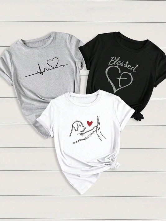 INAWLY  LUNE 3pcs/Set Women's Casual Outfit With Heart, ECG, And Letter Graphic Short Sleeve T-Shirt Graphic Tees Women Tops