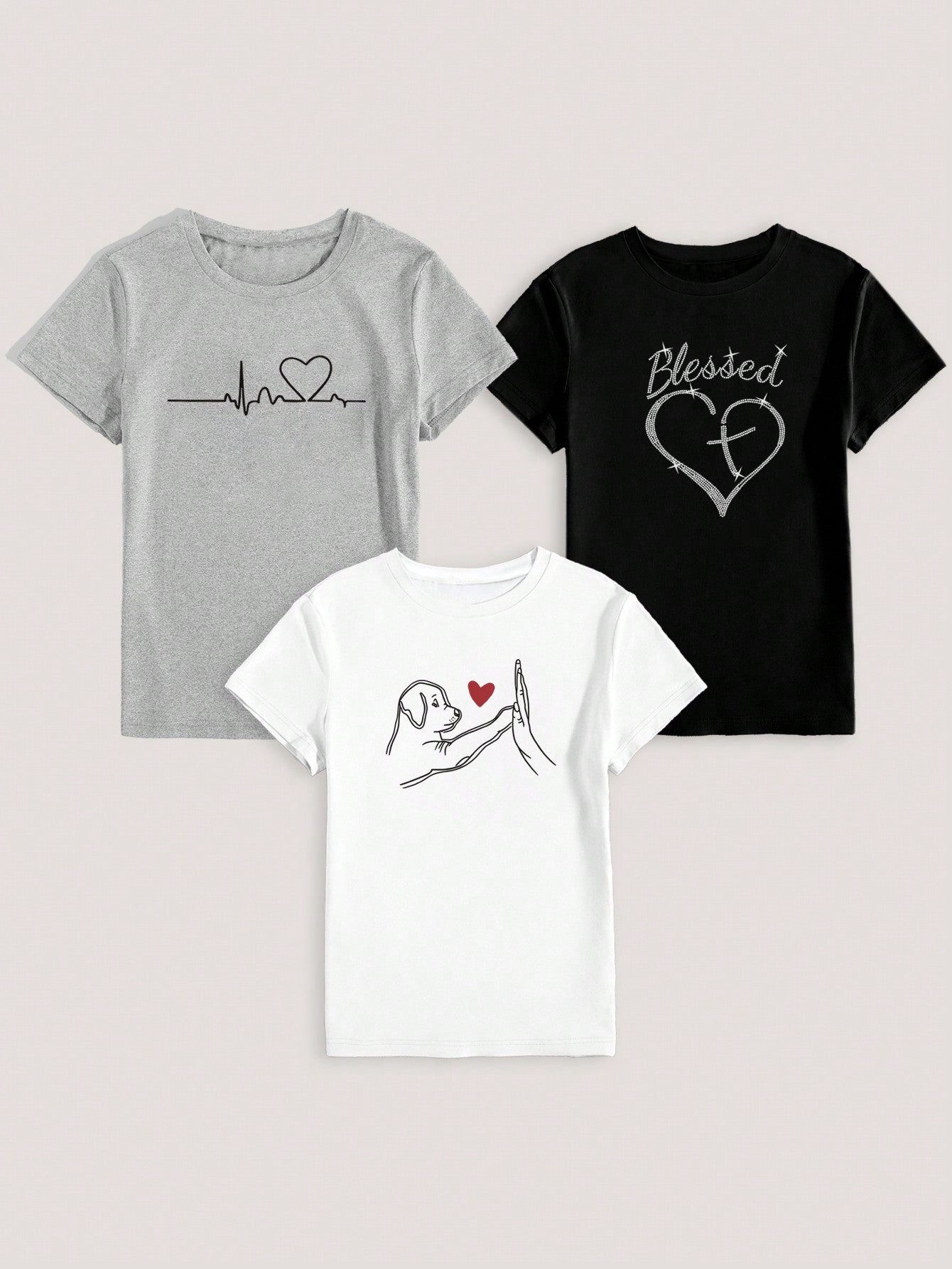 INAWLY  LUNE 3pcs/Set Women's Casual Outfit With Heart, ECG, And Letter Graphic Short Sleeve T-Shirt Graphic Tees Women Tops