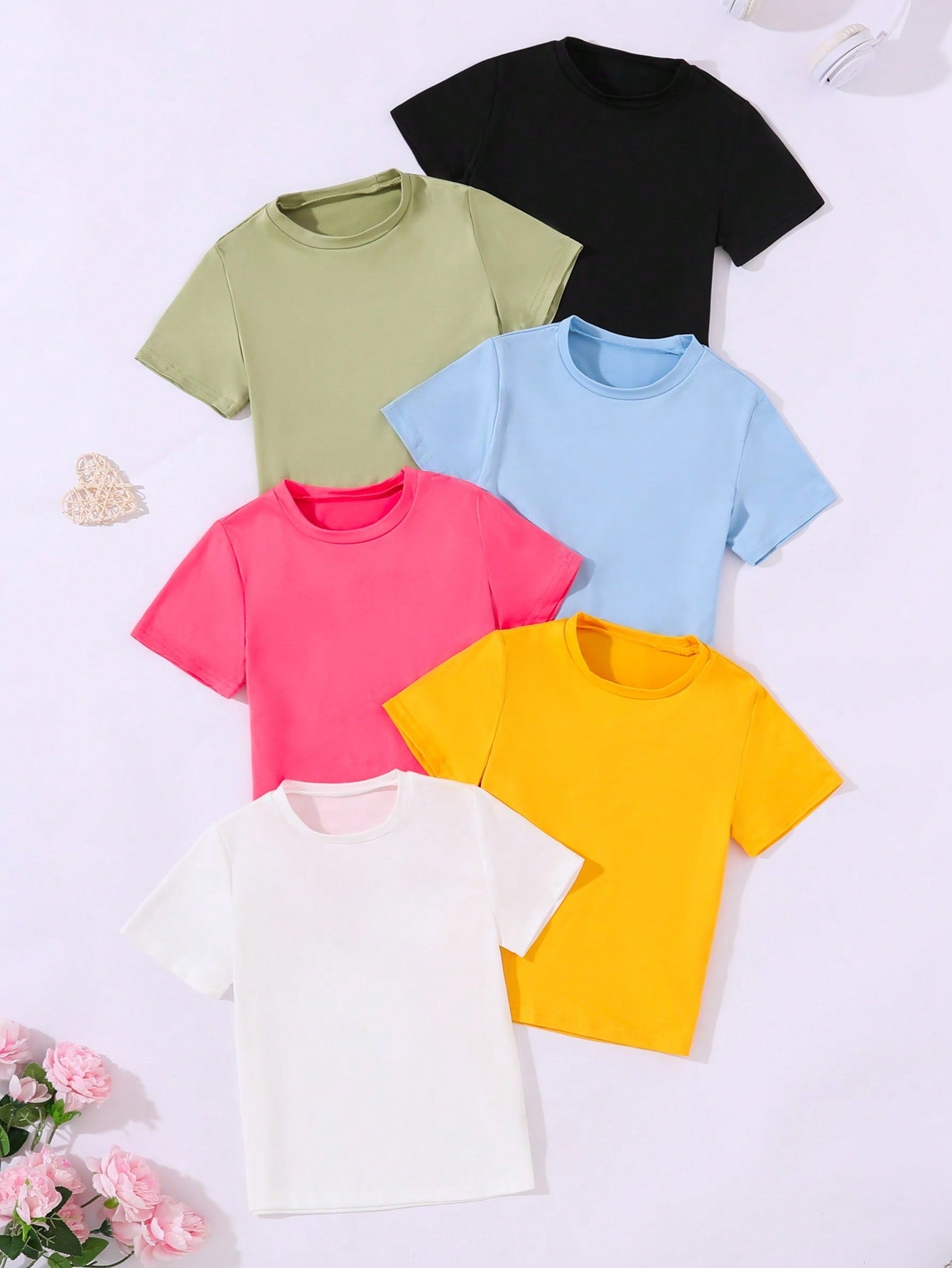 6pcs Young Girl Casual Comfortable Solid Color Crew Neck Short Sleeve T-Shirt Set, Summer Gift