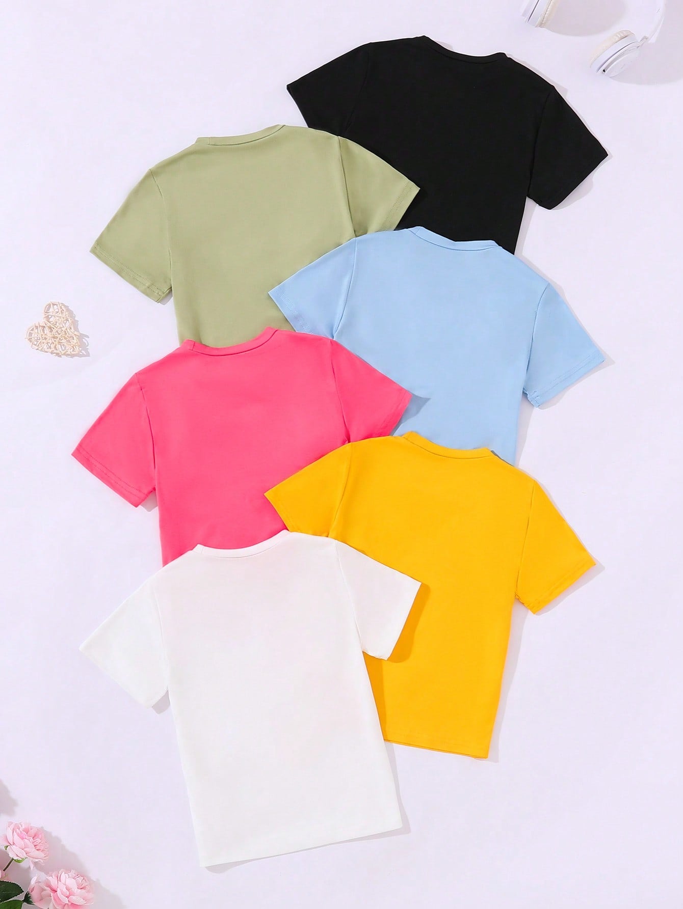 6pcs Young Girl Casual Comfortable Solid Color Crew Neck Short Sleeve T-Shirt Set, Summer Gift