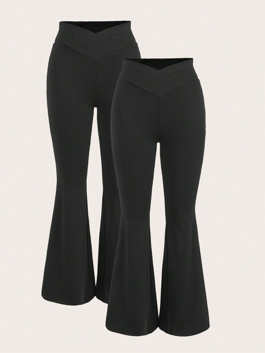 EZwear 2Pcs Overlap Waist Flare Leg Pants