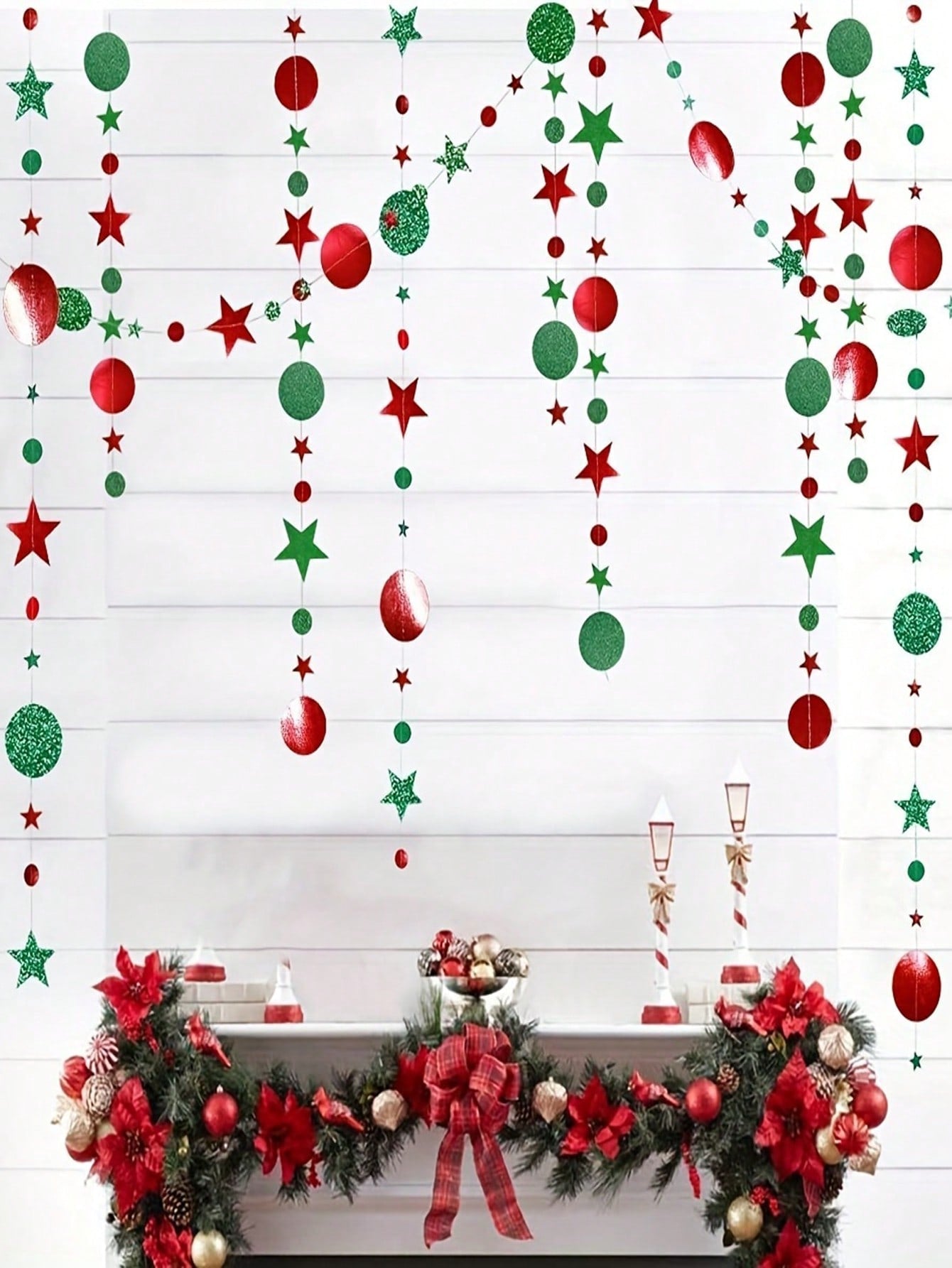 1/2pcs Glitter Polka Dot Star Garland, Red Green Mix Christmas Background Banner, Suitable For Christmas Themed Decor, Party Decoration, Christmas Tree Ornament,Christmas