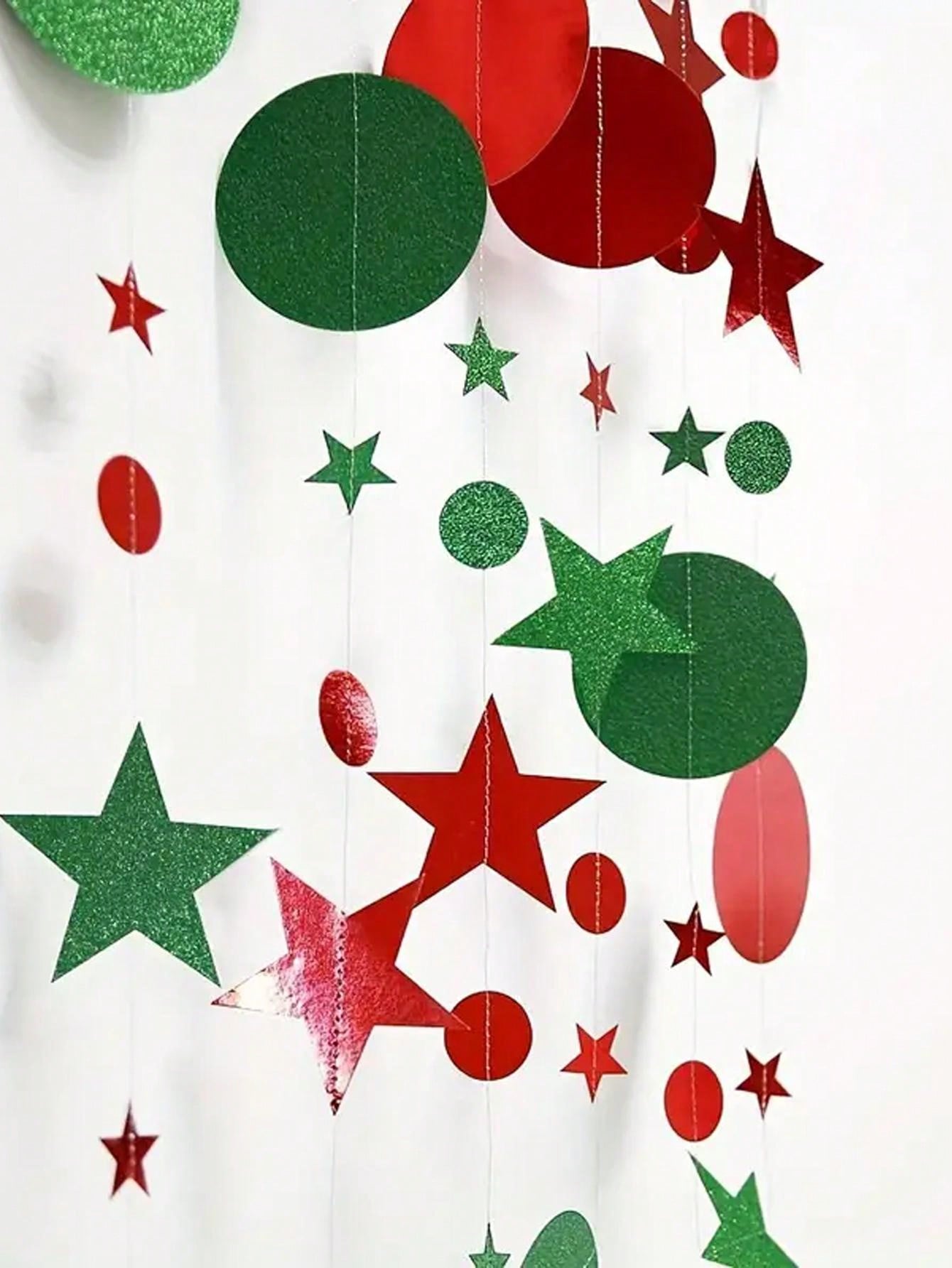 1/2pcs Glitter Polka Dot Star Garland, Red Green Mix Christmas Background Banner, Suitable For Christmas Themed Decor, Party Decoration, Christmas Tree Ornament,Christmas