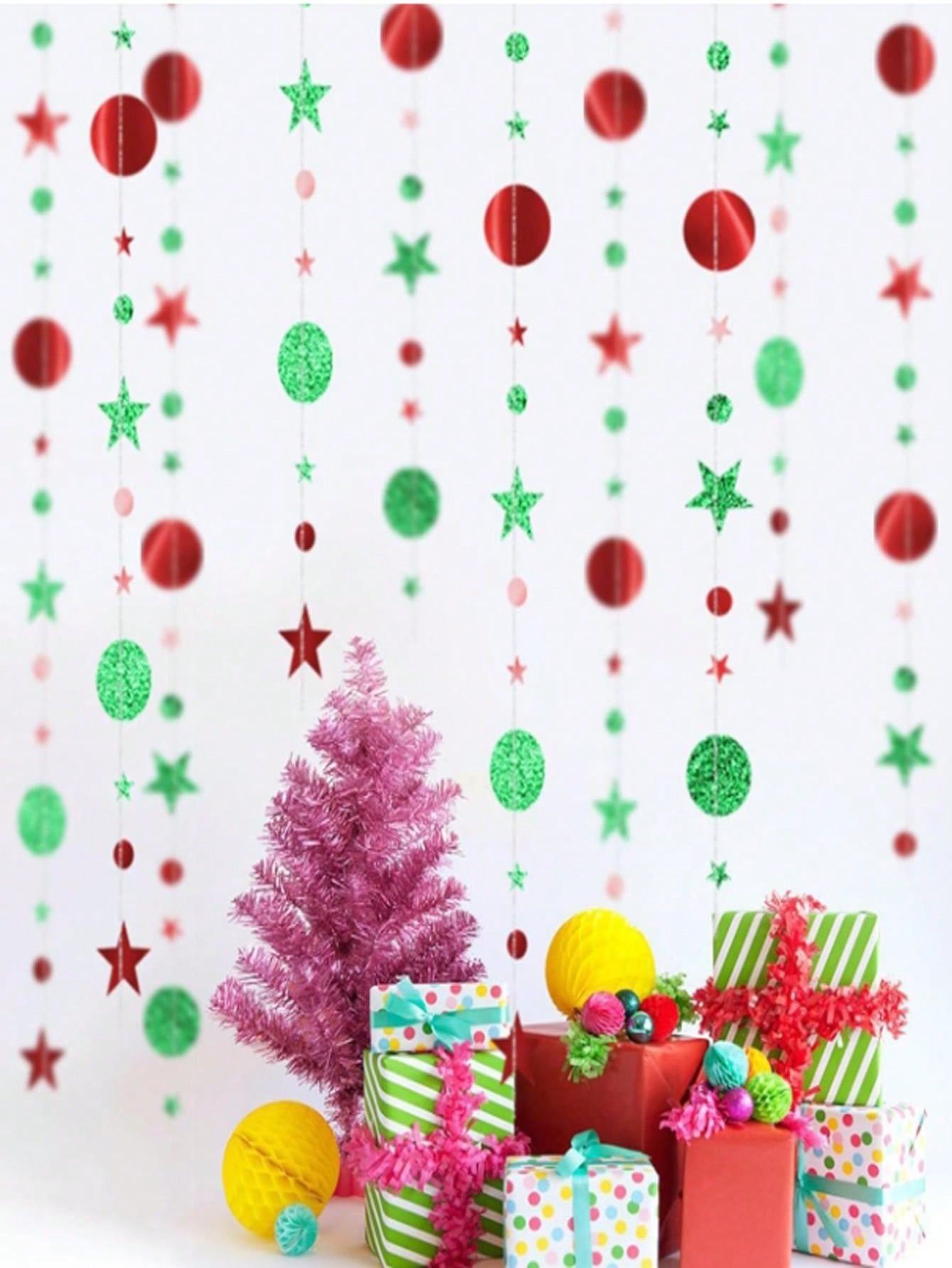 1/2pcs Glitter Polka Dot Star Garland, Red Green Mix Christmas Background Banner, Suitable For Christmas Themed Decor, Party Decoration, Christmas Tree Ornament,Christmas