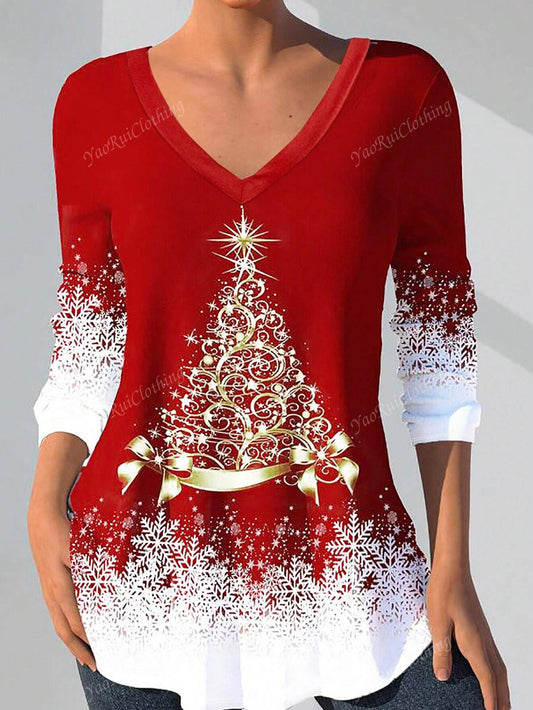 Christmas Party Golden Christmas Tree Graphic Long Sleeve V-Neck Casual T-Shirt