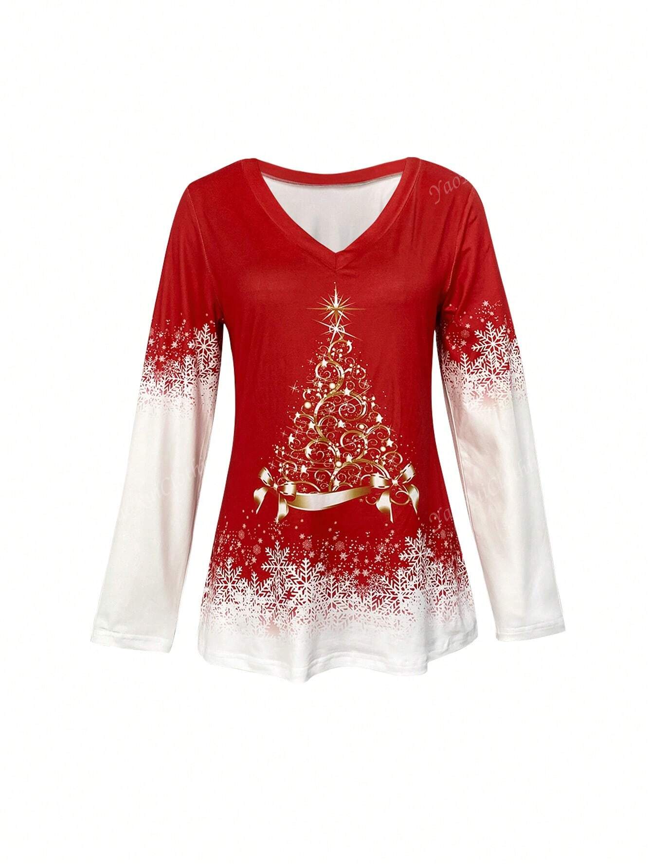 Christmas Party Golden Christmas Tree Graphic Long Sleeve V-Neck Casual T-Shirt