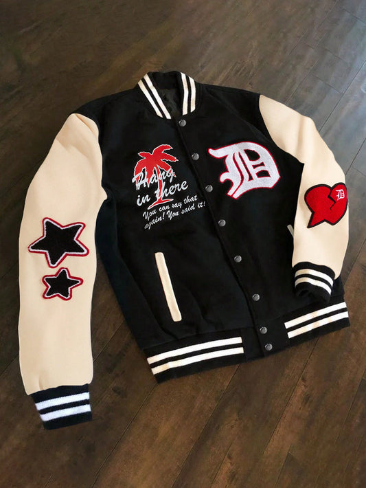 Manfinity EMRG Men Contrast Color Applique Long Sleeve Varsity Jacket , Fashion, Rapper , Color Block , Baseball Jacket