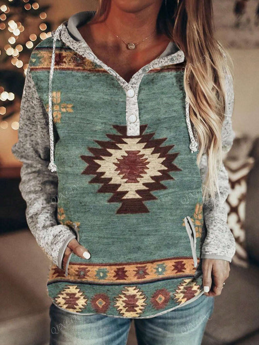 Women's  Printed Pullover Hoodie, Casual Vintage Printed Hooded Sweatshirt Top