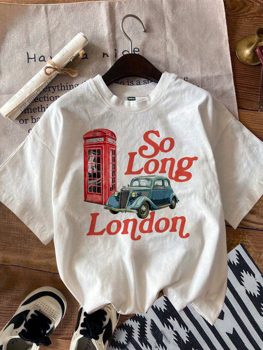 Attitoon Women's Casual "So Long London" Vintage Telephone Booth Car Print White Loose Crew Neck Short Sleeve Thin T-Shirt, Summer