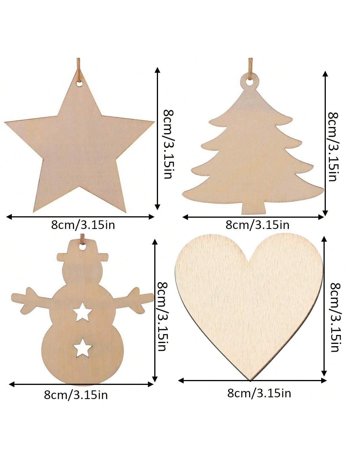 30pcs Blank Wooden Christmas Decor Ornaments, Christmas Tree, Snowman, Star Shapes, With 10m Jute Rope, 2mm Thick, DIY Arts