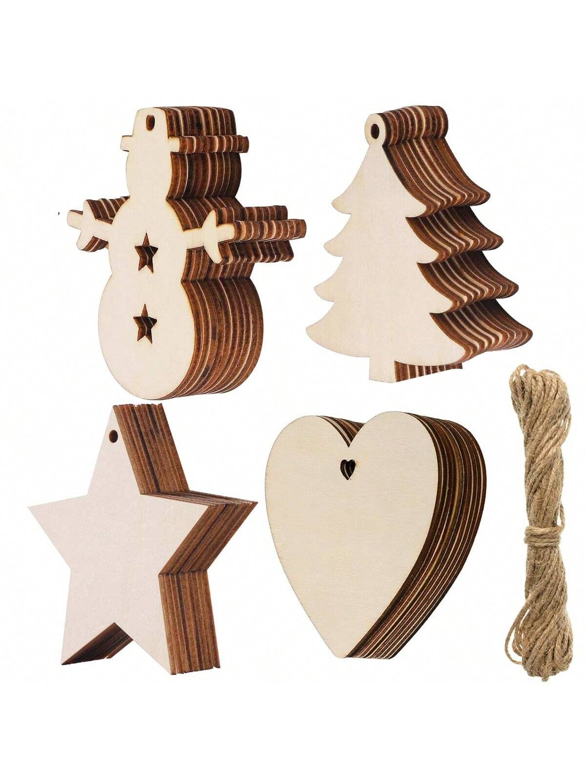 30pcs Blank Wooden Christmas Decor Ornaments, Christmas Tree, Snowman, Star Shapes, With 10m Jute Rope, 2mm Thick, DIY Arts