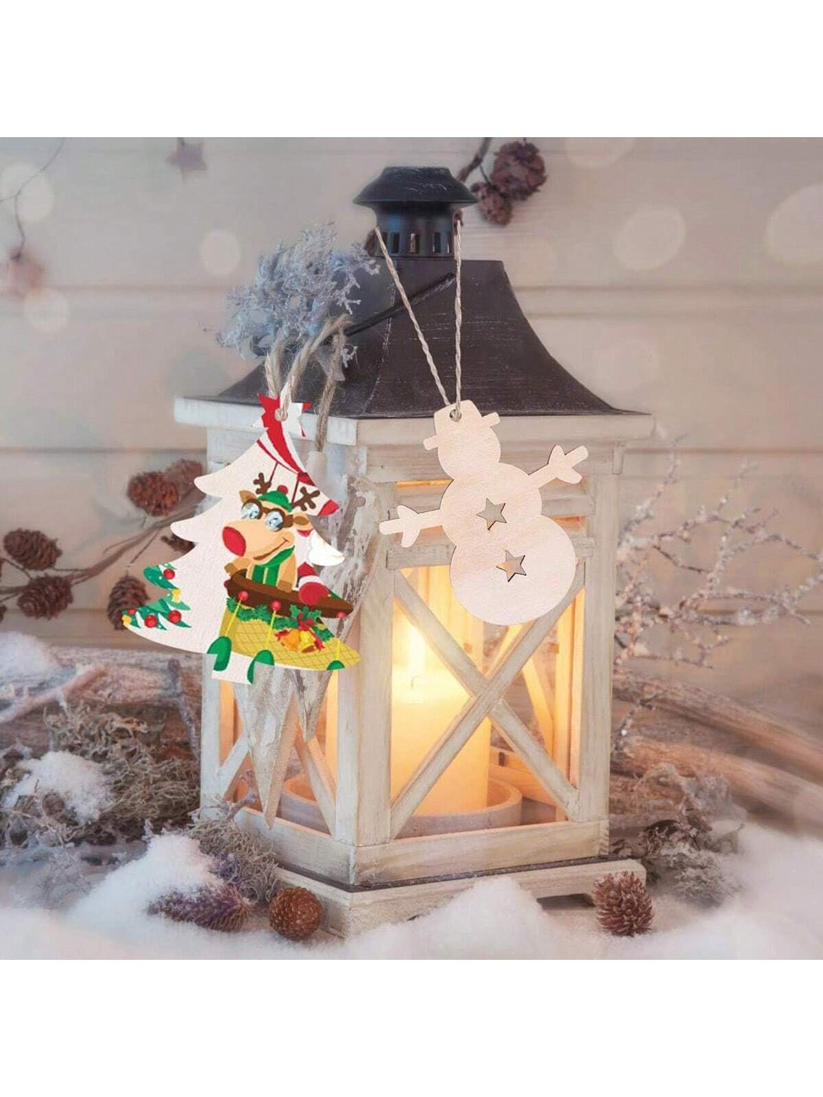 30pcs Blank Wooden Christmas Decor Ornaments, Christmas Tree, Snowman, Star Shapes, With 10m Jute Rope, 2mm Thick, DIY Arts