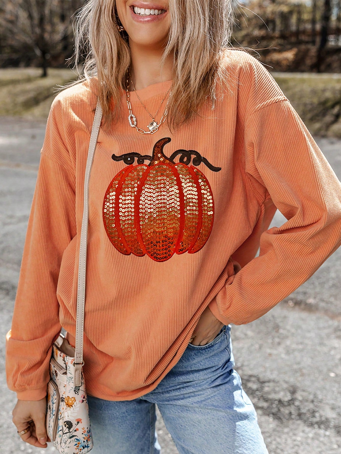 Orange Sequined Halloween Pumpkin Graphic Drop Shoulder Round Neck Sweatshirt