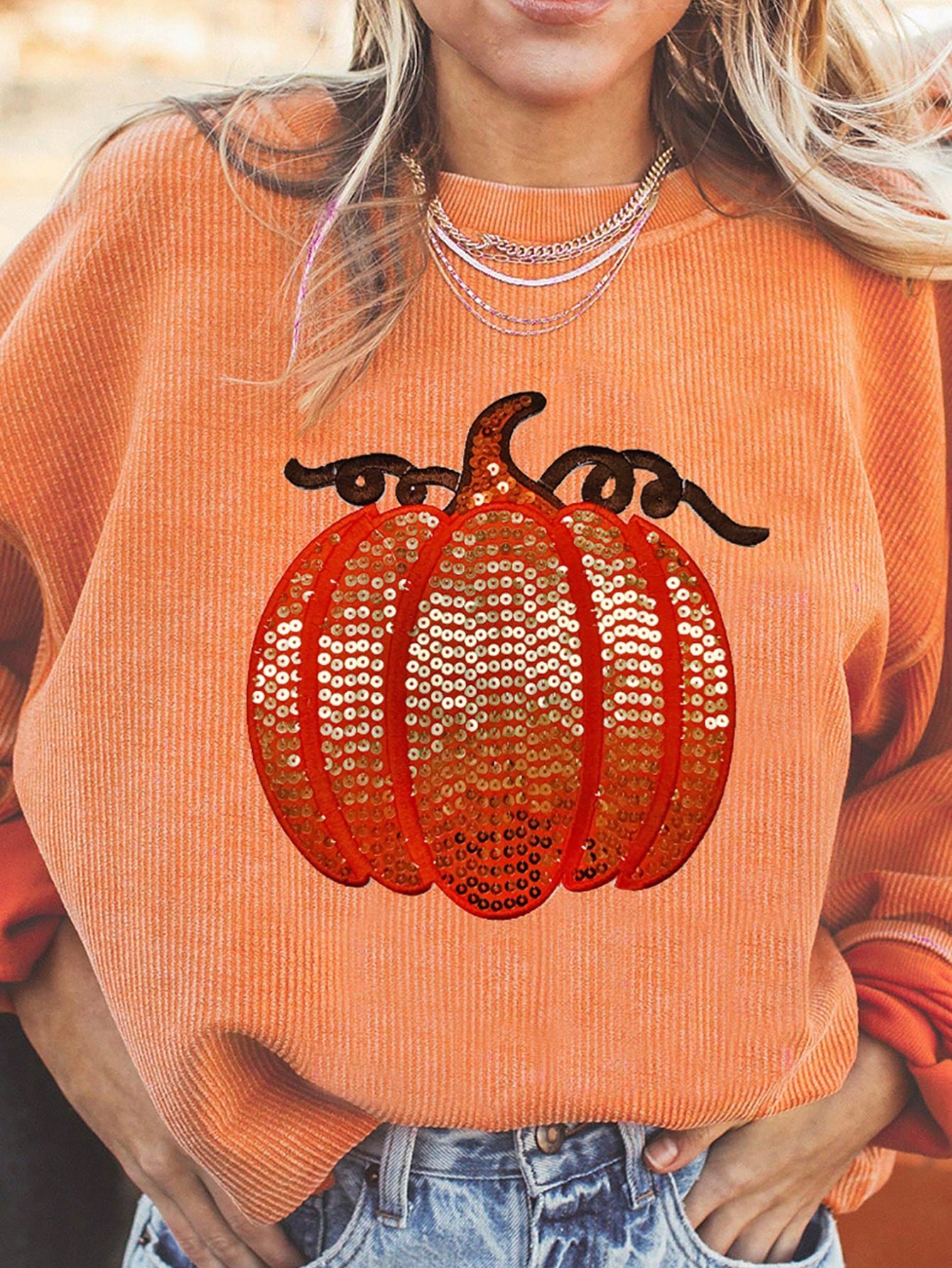 Orange Sequined Halloween Pumpkin Graphic Drop Shoulder Round Neck Sweatshirt