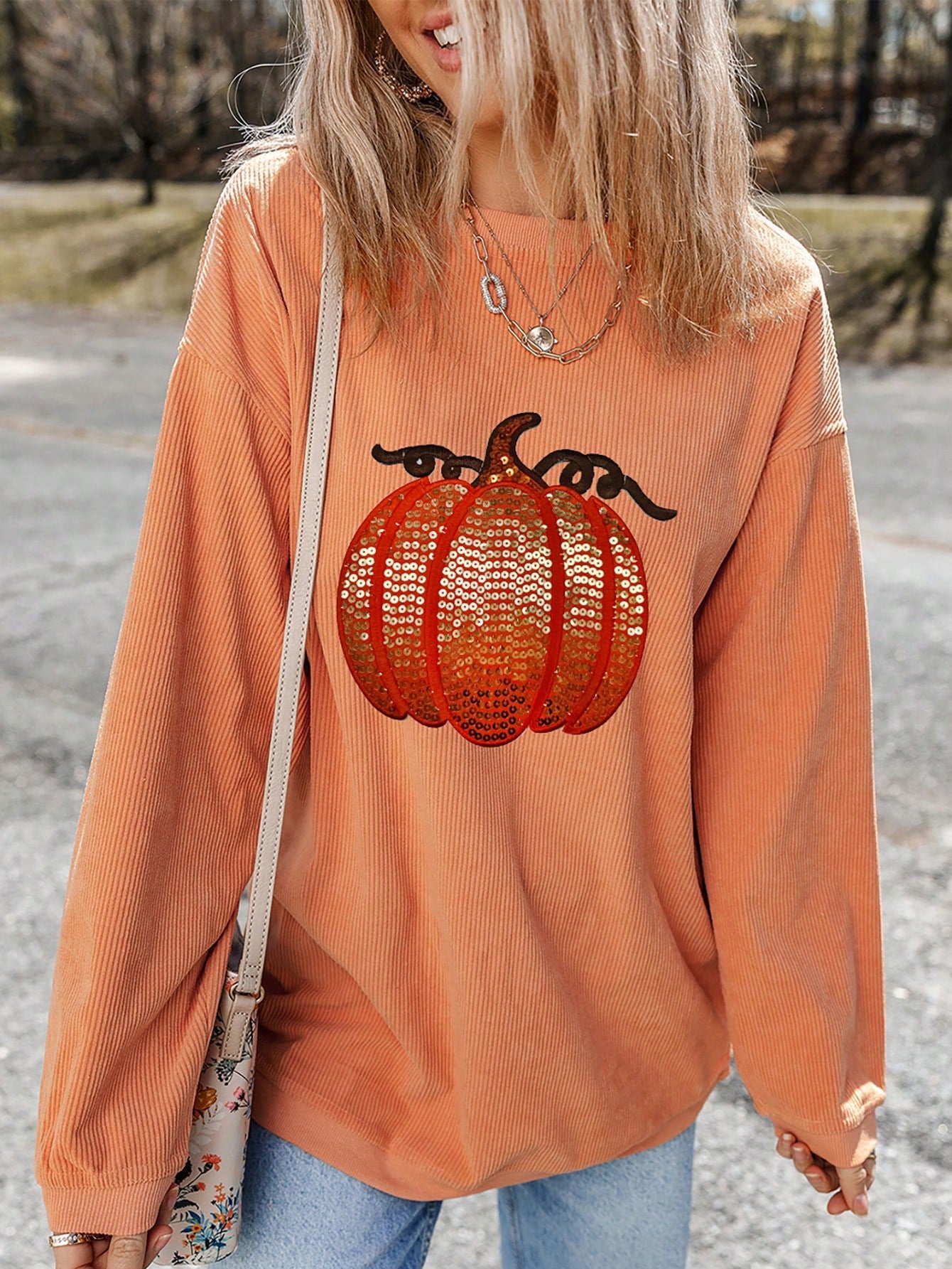 Orange Sequined Halloween Pumpkin Graphic Drop Shoulder Round Neck Sweatshirt