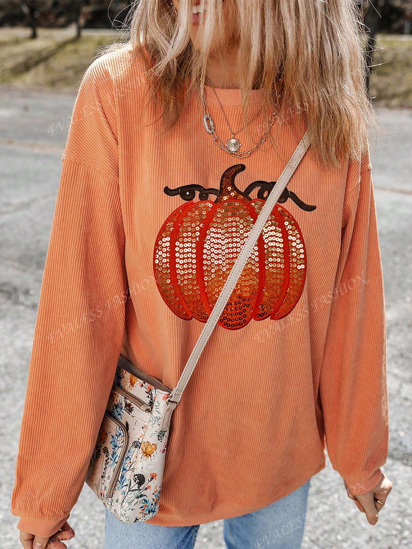 Orange Sequined Halloween Pumpkin Graphic Drop Shoulder Round Neck Sweatshirt