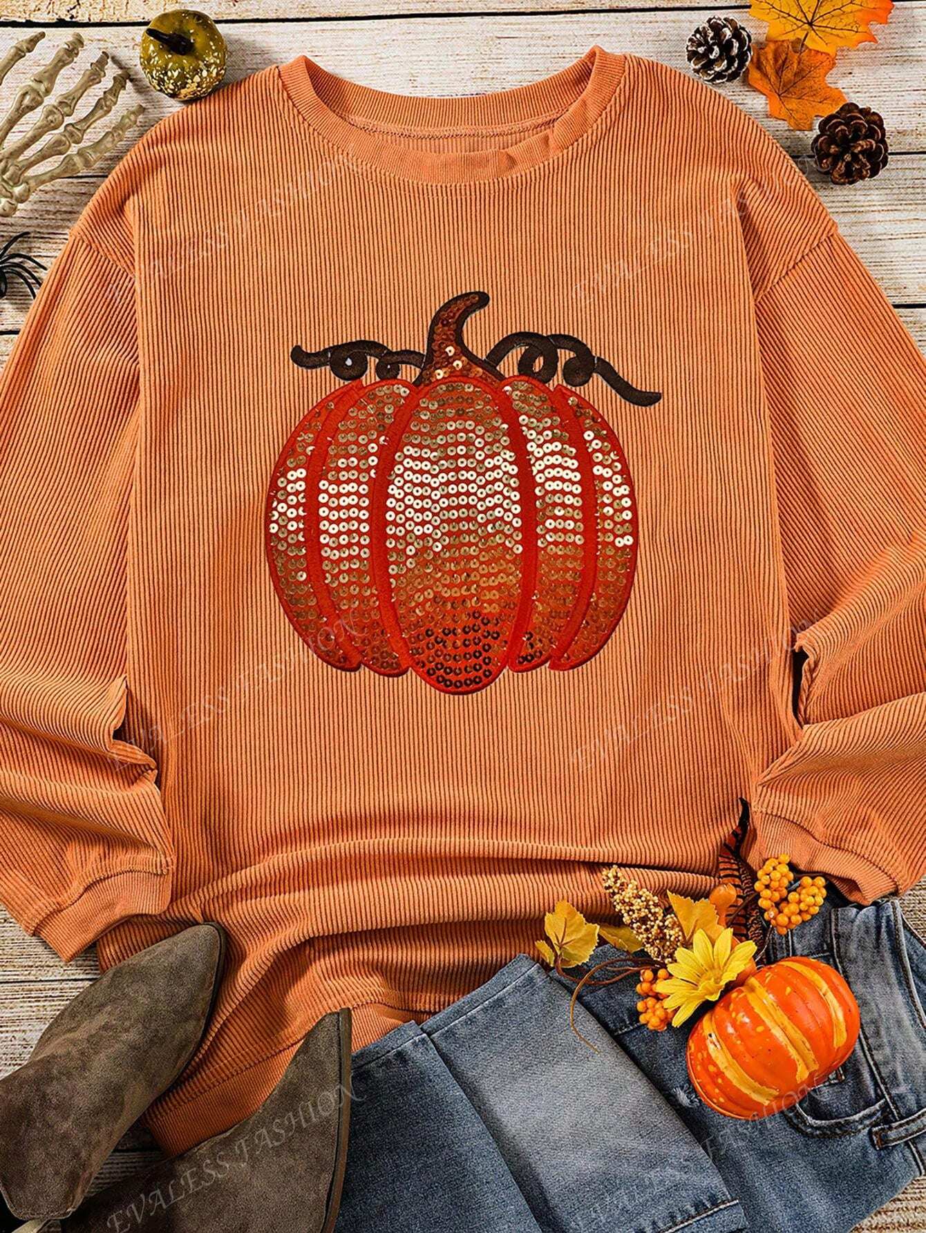 Orange Sequined Halloween Pumpkin Graphic Drop Shoulder Round Neck Sweatshirt