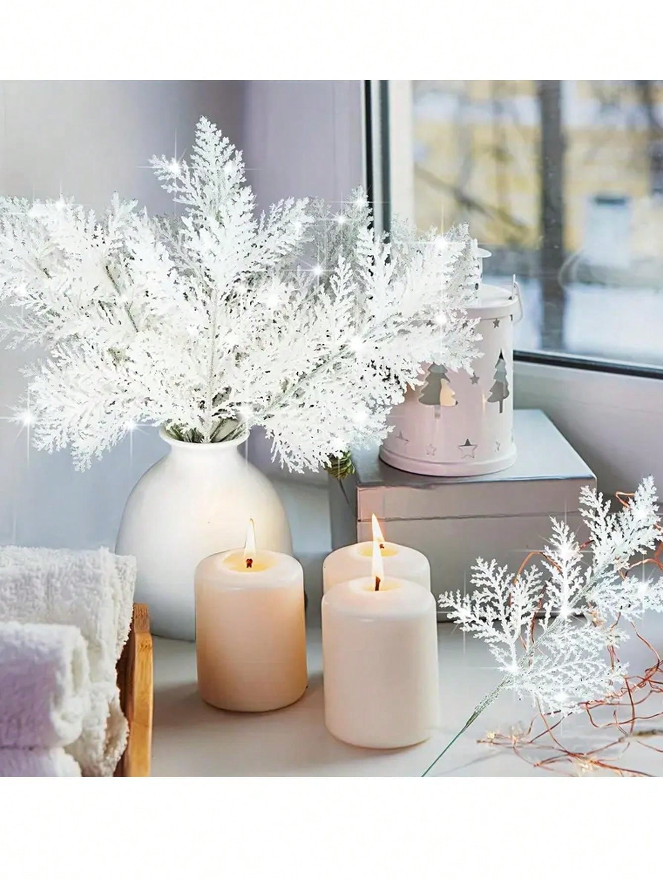 2pcs Artificial Pine Needle Branches, Glitter Leaf Christmas Floral Branches, White Fake Pine Needles For DIY Home Wedding Christmas Tree Decoration Artificial Flowers Wreath,Christmas