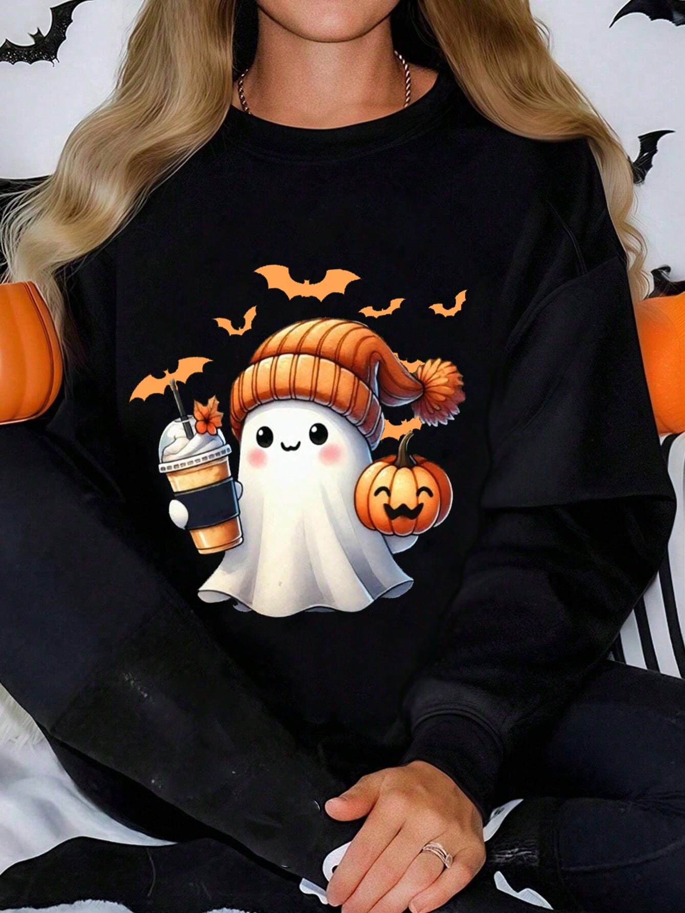 LUNE Plus Size Women Ghost Print Crew Neck Long Sleeve Sweatshirt