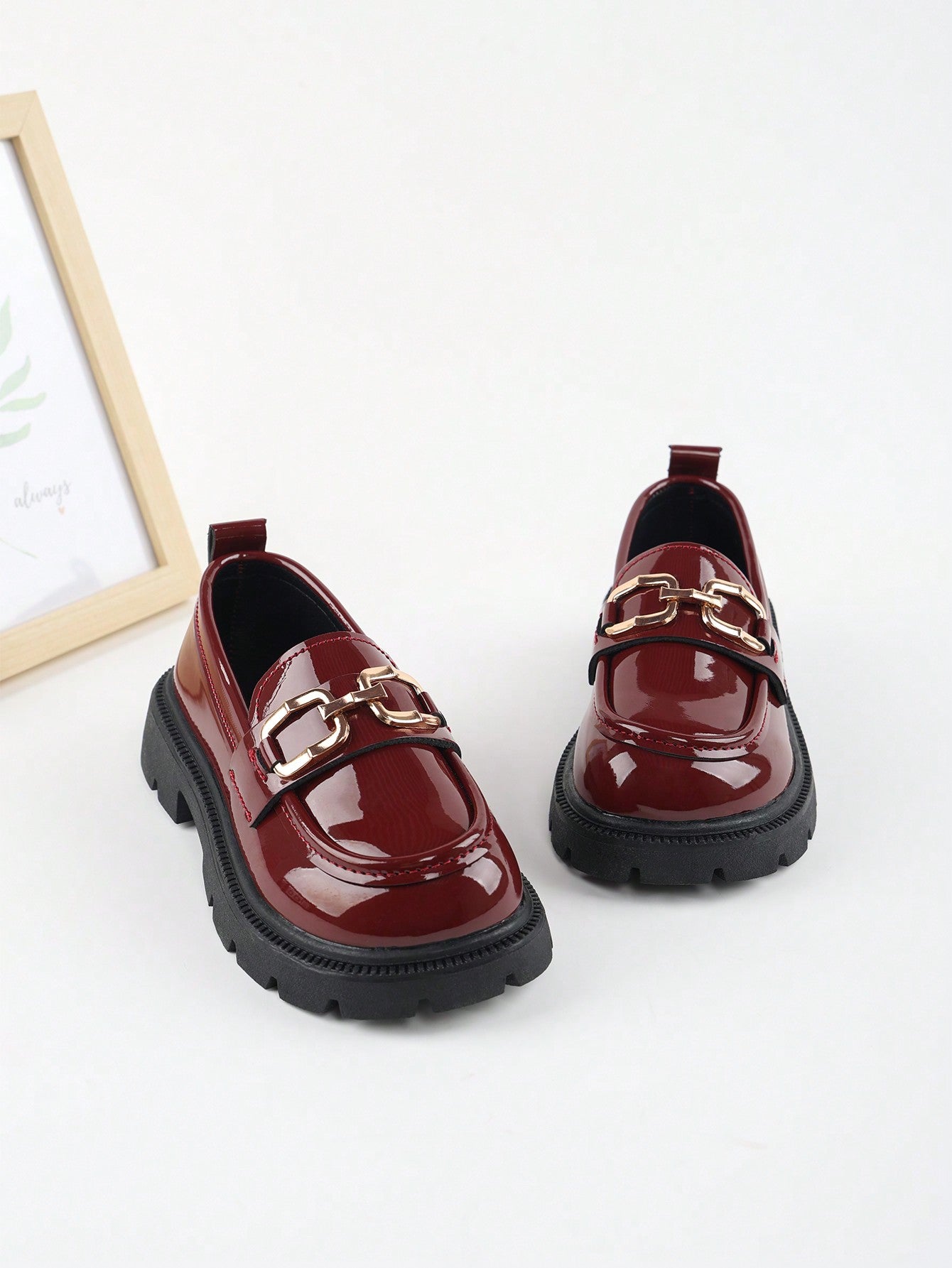 1pair Girls Simple British Style Flat Leather Shoes, Waterproof