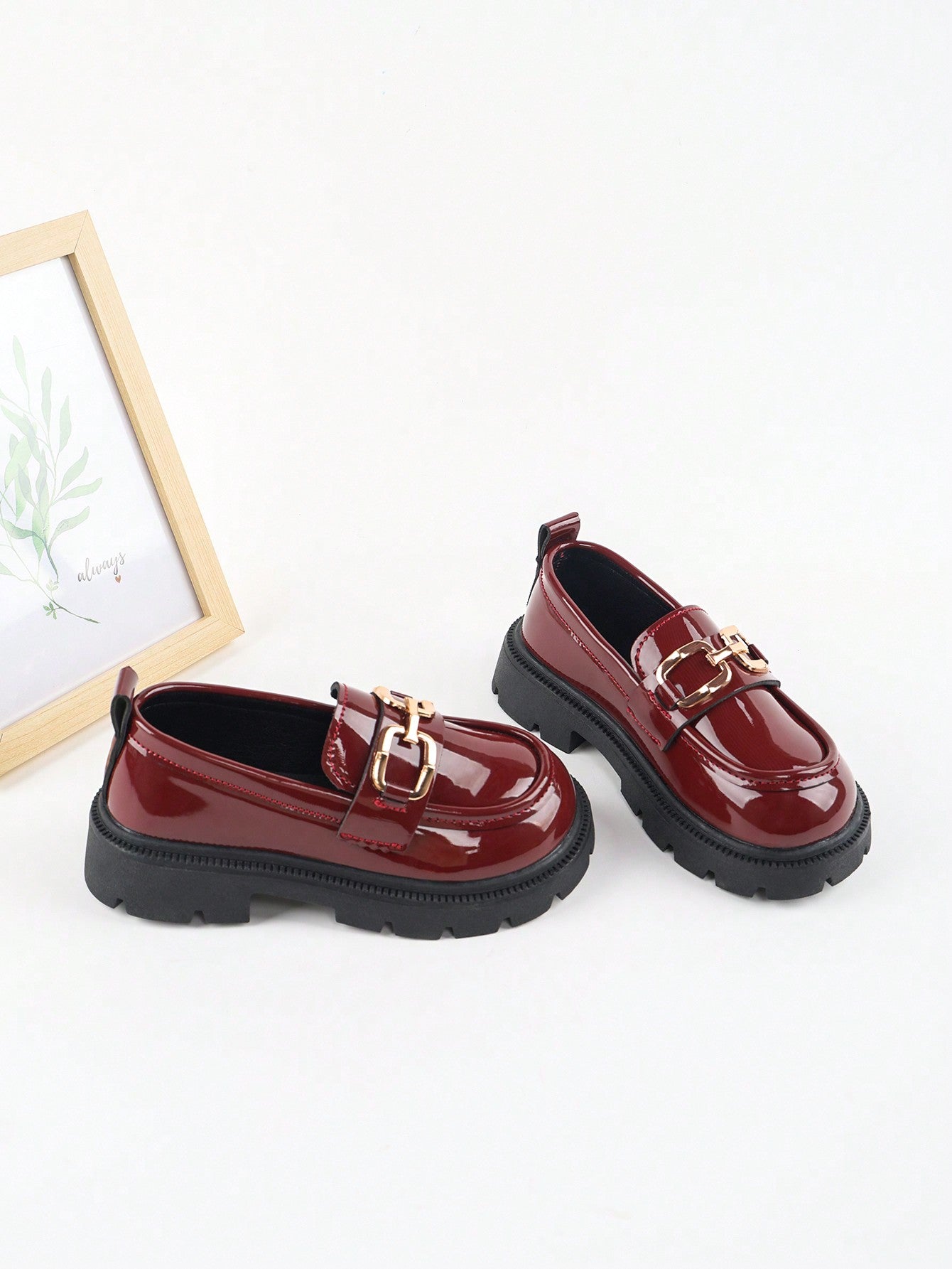 1pair Girls Simple British Style Flat Leather Shoes, Waterproof