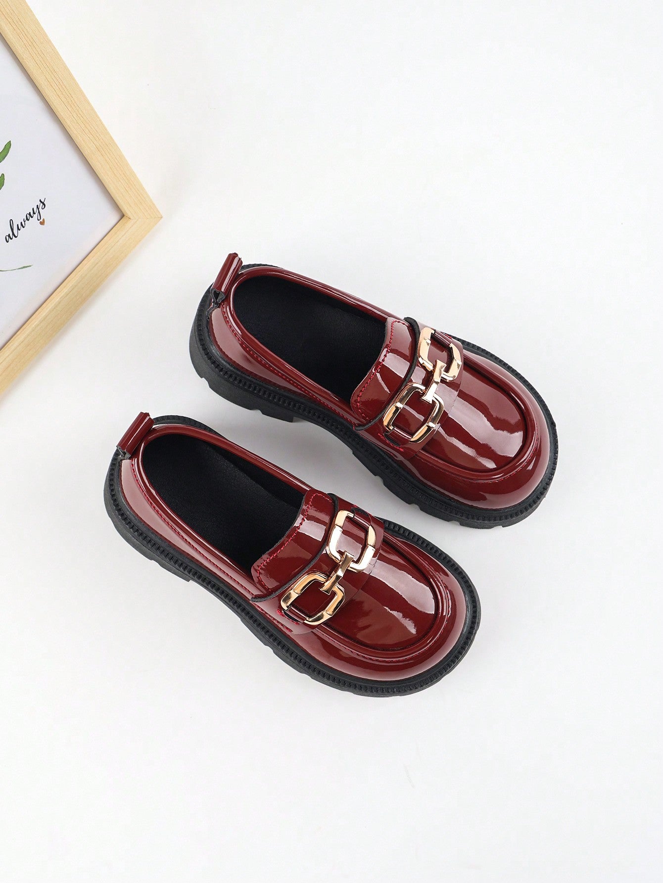 1pair Girls Simple British Style Flat Leather Shoes, Waterproof