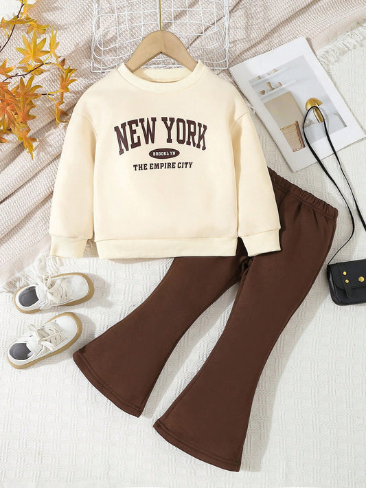 2pcs/Set Young Girl Letter Print Pullover Sweatshirt And Wide Leg Pants Casual Outdoor Sports Set, Fall/Winter