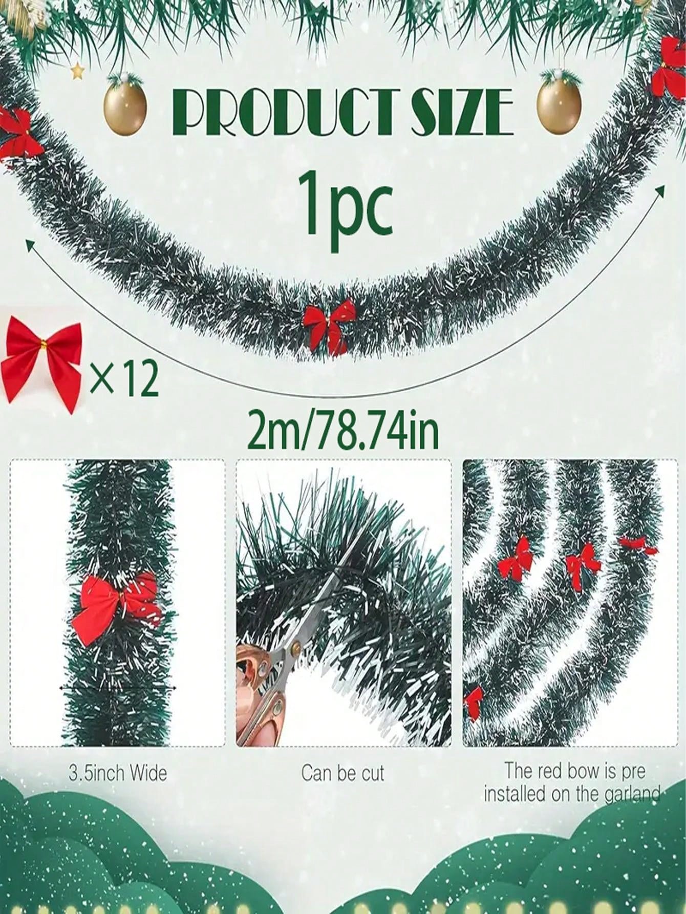 1pc Red Bow Metallic Aluminum Foil Tassel Wreath, Christmas Tree White Ribbon Trim Decor For Party Background, Stair Railing, Fireplace, Christmas Tree,Christmas