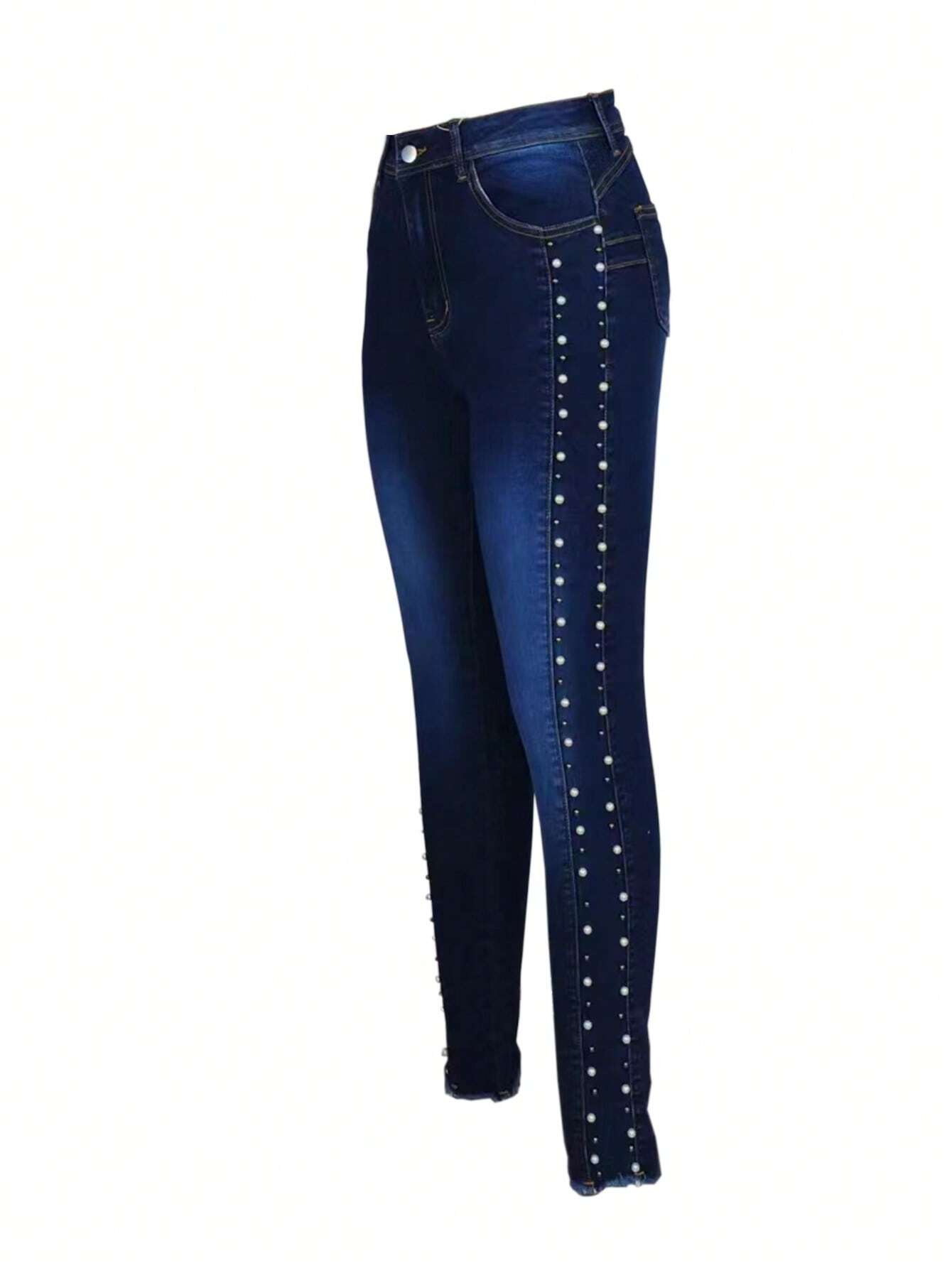 Women's Stretch Pearl Decor Skinny Jeans With Pockets