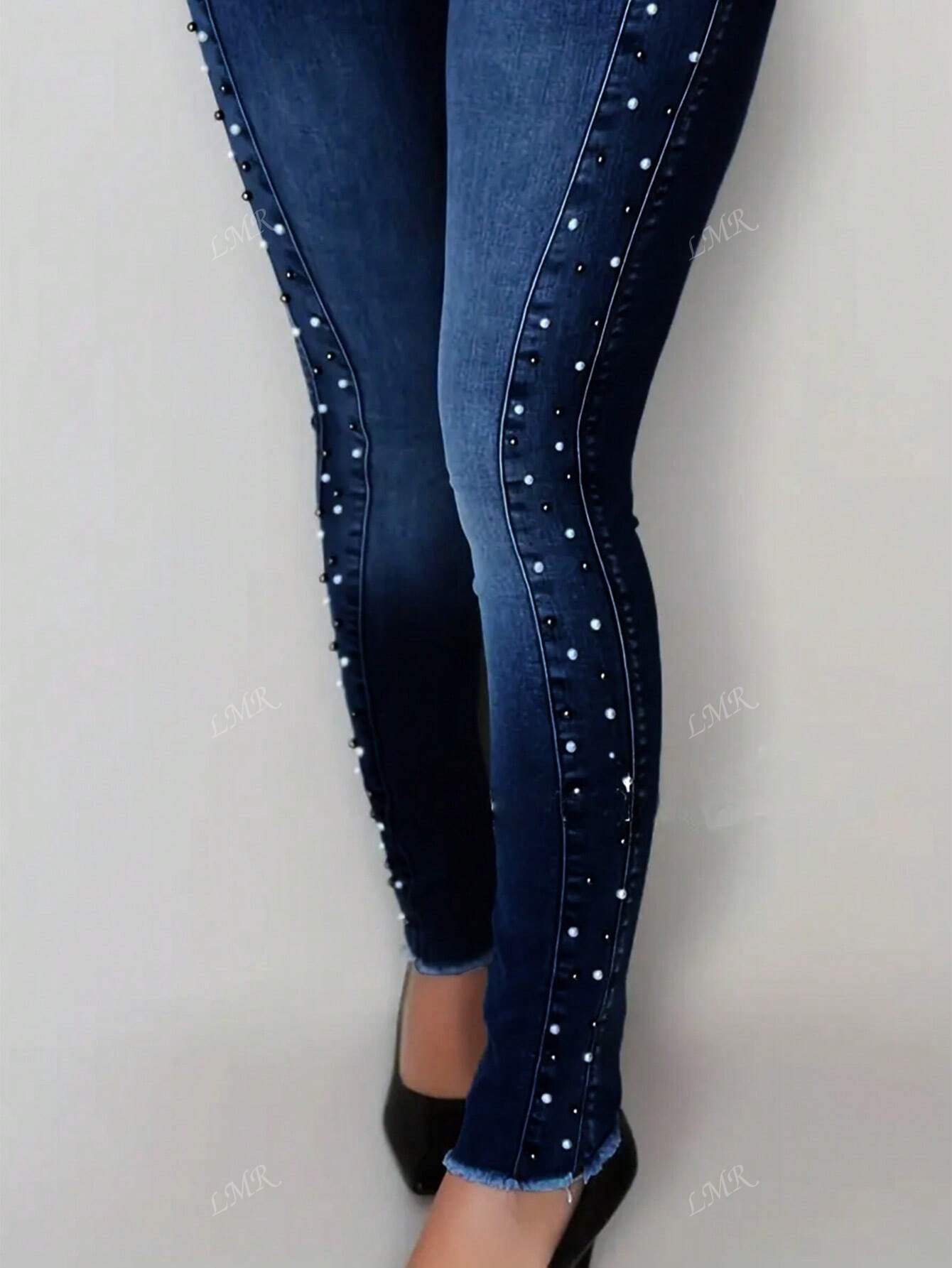 Women's Stretch Pearl Decor Skinny Jeans With Pockets