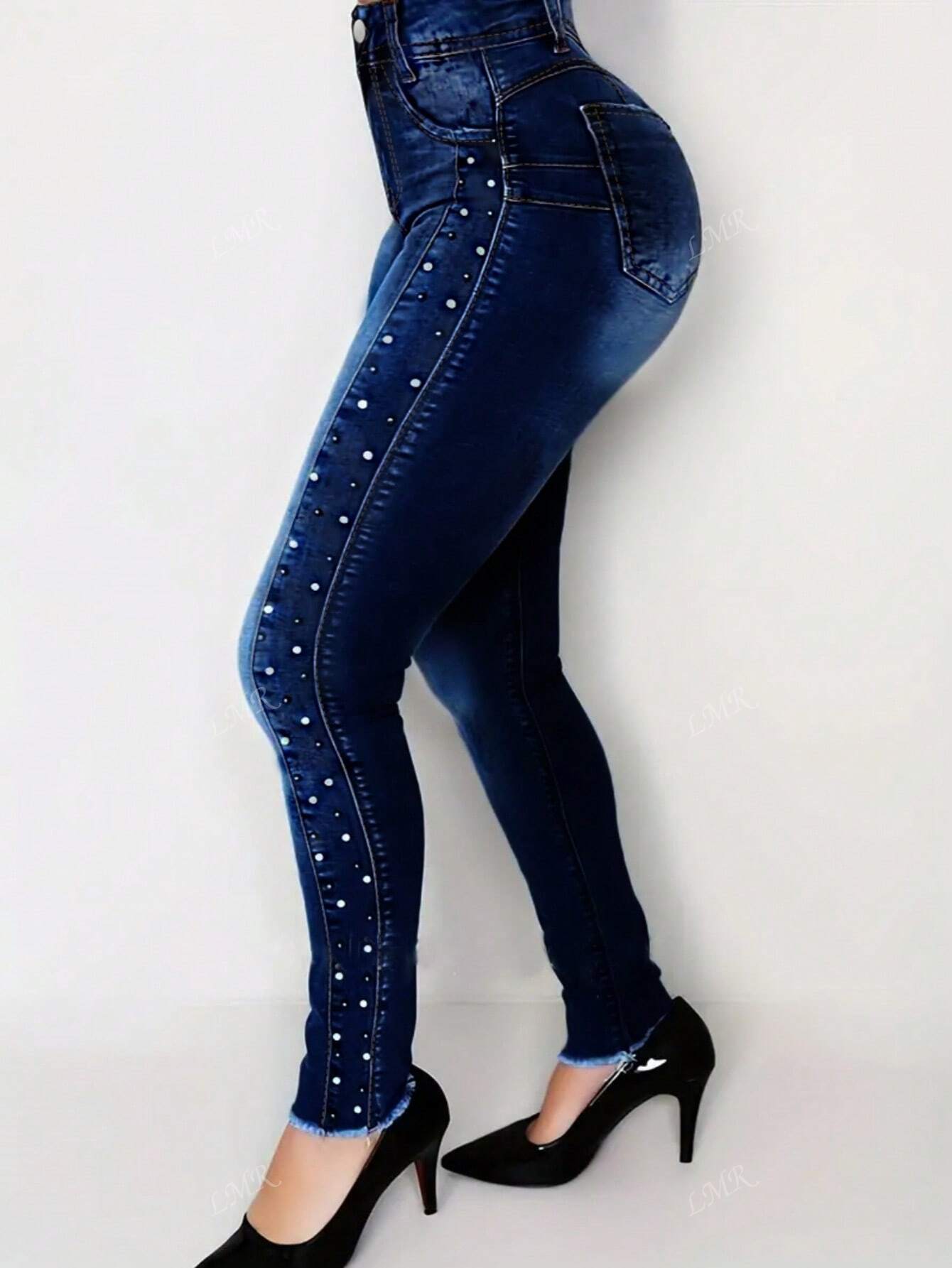 Women's Stretch Pearl Decor Skinny Jeans With Pockets