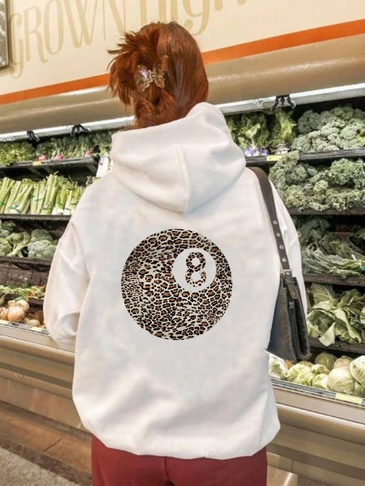 EZwear Women White Long Sleeve Hoodie With Billiards 8 Ball Leopard Print On Back