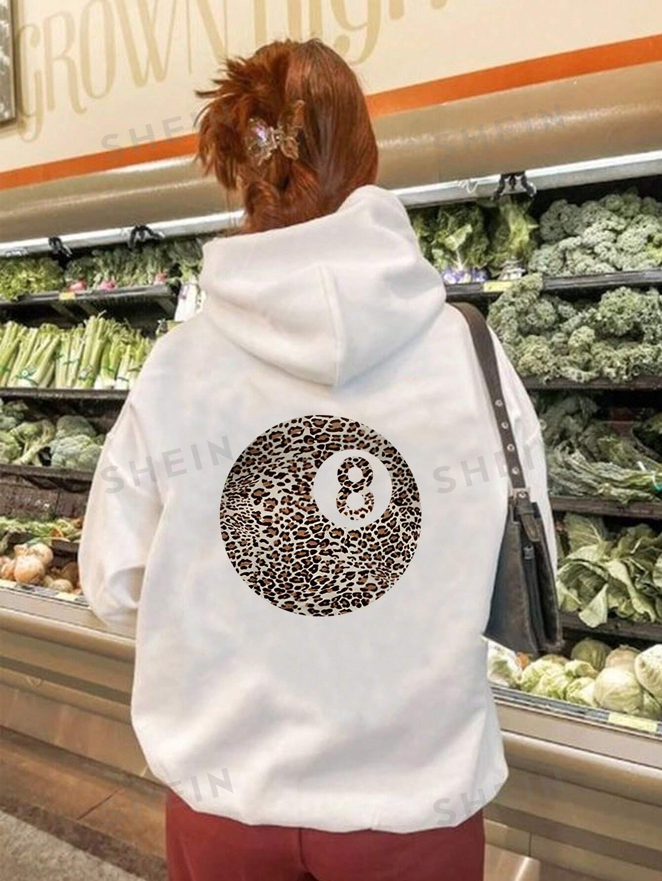 EZwear Women White Long Sleeve Hoodie With Billiards 8 Ball Leopard Print On Back