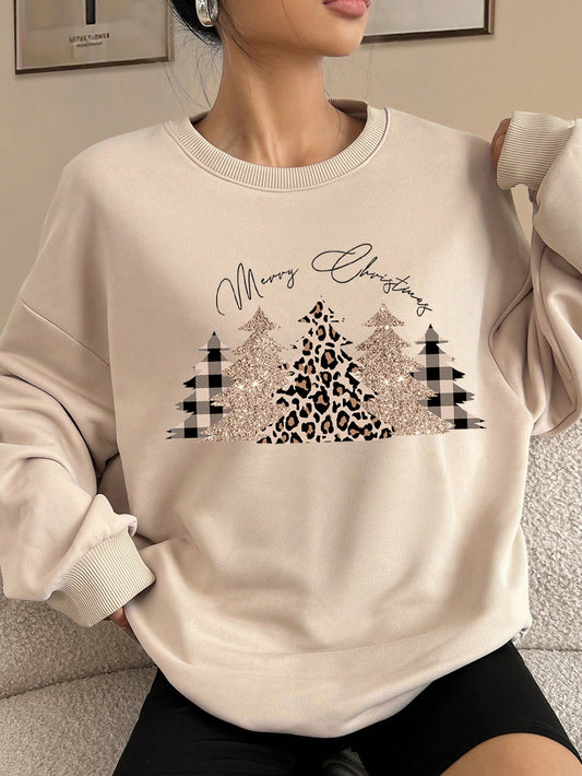 EZwear Women's Casual Leopard Print Christmas Tree And Slogan Graphic Overseas Loose Crew Neck Long Sleeve Sweatshirt, Suitable For Christmas, Autumn And Winter