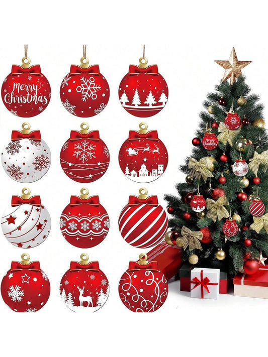 1/12pcs Christmas Ball Ornaments (Wooden Ornaments) Single-Sided Wooden Hanging Decor, Christmas Home Decoration, Seasonal Holiday Ornaments,Christmas