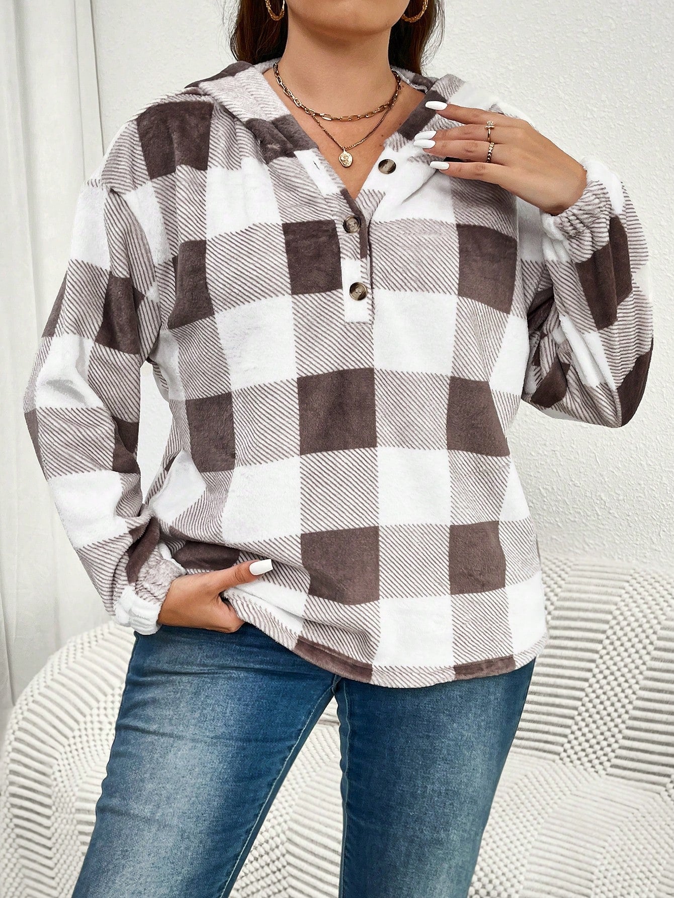 Essnce Plus Size Women's Plaid Hooded Loose Casual Sweatshirt